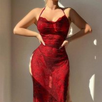 Plus Size Sexy Lace Sheer Dress - Elegant Mesh Long Nightgown for Women, European and American Foreign Trade Inspired Li