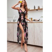 Lace Trim Strap Nightgown - Sexy Sheer Split Front Sleepwear with Floral Print,Europe and America-Inspired Erotic Linger