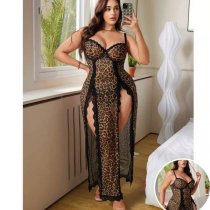 Leopard Print Sheer Lace Chemise Set - Sexy Bridal Lingerie Nightwear for Women