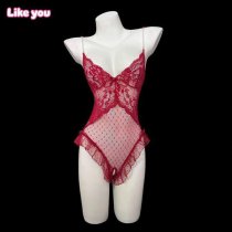 Women's Sensual Pearl-Chain Strap Bodysuit - Sheer Deep V Lace Sleepwear with Open-Crotch Design