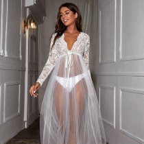 Lace Mesh Sheer Long Nightgown for Women – Sexy Transparent Sleep Dress, No Underwear Included