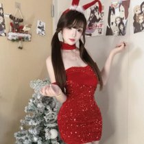 New Year Sexy Velvet Bodysuit with Sparkles - Christmas Bunny Girl Lingerie Set, Seductive Sleepwear & Outfit