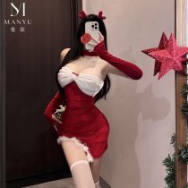 Mandyu Christmas Bunny Girl Outfit - Red Sexy Mesh Bodysuit & Thigh-Highs Holiday Costume for Women