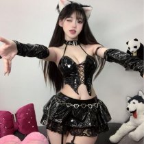 Genuine Pu Leather Sexy Uniform Lingerie - Seductive Anime Devil Costume with Cut-Out & Ties