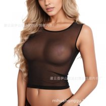 2024 European and American Style Women's Sheer Mesh Crop Top – Sexy Lace-Trimmed Short Sleeve Lingerie Top for Stylish O