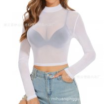 2024 Sexy Sheer Mesh Long Sleeve Crop Top – Women's Europe and America-Style Lingerie Top for Bold Confidence