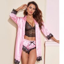 Stylish Satin Stripe Lingerie Set - Lace Cut-Out Bra & Matching Panty 4-Piece Outfit
