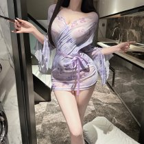 Butterfly Print Kimono-Style Lingerie Robe - Sheer Temptation Open-Front Sleepwear Set with Cleavage-Revealing Design