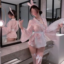 Candy Pink Bunny Lingerie Set - Playful Sweet Girl Aesthetic Corset & Kimono Waist Cincher with Butterfly Print