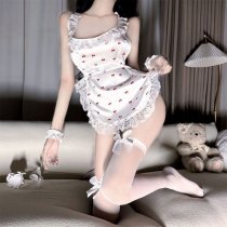 Cherry Maid Lace Sleepwear Set – Sexy Cherry Print Busty Nightgown with Bow-Tie Straps & Sheer Trim