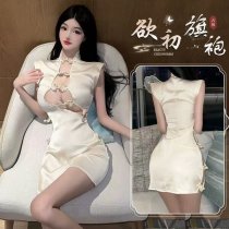 Cherry Romance Sexy Lingerie Set – Slim-Fit Open-Crotch Uniform Style Cheongsam Bodysuit for Women