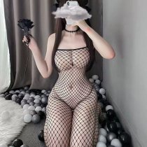 Cherry Romance Sheer Mesh Bodysuit for Women - Open-Crotch Transparent Lingerie with Wrapped Bust & Full-Body Net Stocki