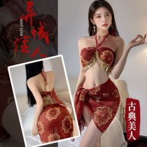 Chinese Silk Qipao Lingerie Set - High-Slit Sheer Ancient Dunhuang Style Costume, Plus Size & No-Remove Design