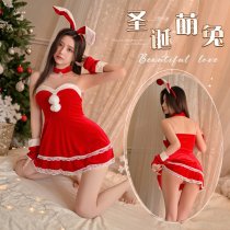 Christmas Bunny Girl Dress - Sexy Sheer Mesh Bodysuit with Sleeve Cuffs, Naughty Holiday Lingerie Set