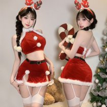 Christmas-Themed Lingerie Set – Halter Backless Velvet & Faux Fur Crop Top + Slim-Fit Pencil Skirt Holiday Outfit