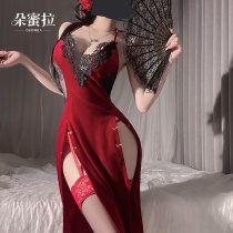 Domoira Velvet Deep V Sleep Dress - Sexy Sheer High Slit Lingerie with Bare-Butt Design, No-Remove Style