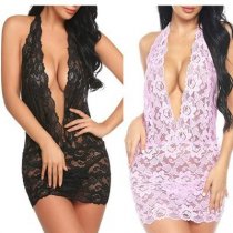 European & American Sexy Lace Nightgown for Women – V-Neck Halter Backless Slip Dress with Stretchy Floral Embroidery
