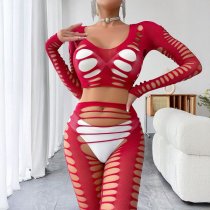 European-Style Lace Cut-Out Lingerie Set with Sheer Fishnet Pantyhose for Women – Seductive Busty Outfit
