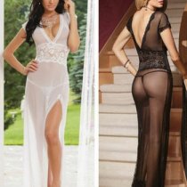 European-Style Sheer Lingerie Set – Sexy Transparent Mesh Sleep Dress in White, Medium Size