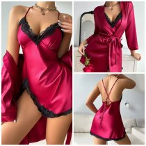 European Women's Lace Trim Sleep Dress & Robe Set – Sexy Elegant Matching Loungewear Two-Piece Set
