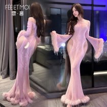 Feimu Night Banquet Mesh Bodysuit - Seductive Fish Tail Sheer Lace Thong Dress with Backless Cutouts