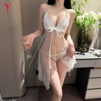 Feiniao Kuiyue Sexy Lace Sleepwear Set - Sheer Open-Front Cami & Slip Nightgown Ensemble