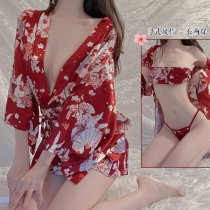 Gioruo Sexy Deep V Lingerie Set - Japanese Print Kimono Style Bedroom Outfit, Thin & Alluring