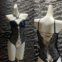 Glowing Cloud Sexy Open-Crotch Leather Bodysuit for Women – Cross-Tie Latex-Look Lace Bodysuit with Bell Charm