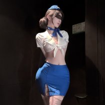 Golden Night Air Hostess Lingerie Set - Sexy Uniform Style Bodysuit with Sheer Mesh & High-Waisted Skirt