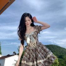 Hazelnut Latte Plaid Wrap Waist Dress with Bow - Summer Slim-Fit Short Dress for Petite Women