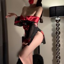 Japanese-Style Off-Shoulder Black Floral Kimono Robe - Sheer, Hip-Revealing Roleplay Bathrobe & Cosplay Cover-Up