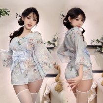 Japanese-Style Sexy Lace Kimono Robe Set with Embroidery & Bow Detail - Seductive Sleepwear Outfit