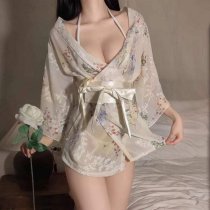 Japanese-Style Sexy Lace Kimono Robe Set - Sheer Chiffon Three-Piece Outfit with Floral Print & Hot Uniform Design