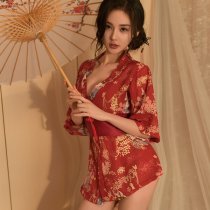 Japanese-Style Sexy Lingerie Set - Deep V Kimono Bathrobe Outfit with Alluring Floral Print
