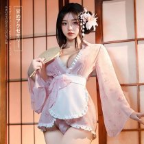 Kawaii Bunny Maid Costume - Japanese-Style Sexy Sleep Robe with Bow & Rabbit Print, Cute & Alluring Lingerie Set