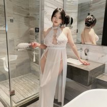 Lace Heart Neck Strap Nightgown - Embroidered Sheer Mesh Seductive Sleep Dress with Side Slits