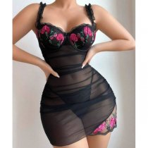 Lace Sheer Sensual Sleepwear Set – Elegant Embroidered Erotic Lingerie for Women, Sexy Mesh Nightgown & Matching Bra
