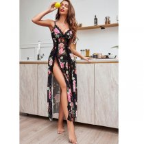 Lace Trim Strap Nightgown - Sexy Sheer Split Front Sleepwear with Floral Print,Europe and America-Inspired Erotic Linger