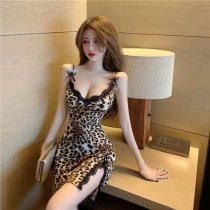 Leopard Print Lace Chemise Nightgown - Sexy Split Front Sleep Dress with Bow Detail for Bedroom Romance