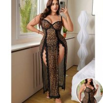 Leopard Print Sheer Lace Chemise Set - Sexy Bridal Lingerie Nightwear for Women