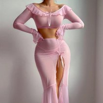European Fashion Sheer Mesh Lotus Off-Shoulder Long Sleeve Split Bodycon Lingerie Set