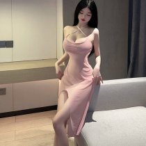 Fan Lei Sheer Long Sleep Dress - Elegant Lace Mesh Slip Nightgown with Adjustable Straps