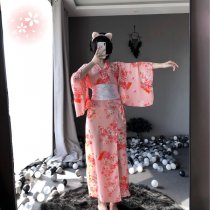 Linlinting Japanese Kimono-Style Cat Lingerie Set - Long Sheer Satin Sleepwear for Women, Seductive & Elegant