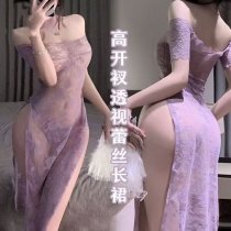 Purple Lace Cheongsam Dress - Sexy Off-Shoulder High-Slit Sheer Long Gown with Butt-Cutout, Pure-Yet-Sensual Outfit