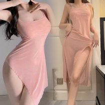 Sexy Sheer Mesh Long Nightgown - Sensual Skin-Tone Lace Sleep Dress for Women, Romantic Lingerie