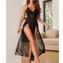Long Sheer Lace Sensual Evening Dress – High-Slit Sexy Mesh Gown for Women,Europe and America-Inspired Erotic Lingerie S