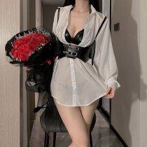 White Lace Sexy Uniform Set - Busty Babe Long Sleeve Shirt & Strap Harness Outfit for Role Play & Cosplay