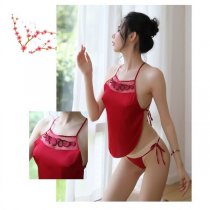 Mannyqing Sexy Lingerie Set - Chinese-Style Embroidered Silk-Look Bodysuit with Halter Neck & Tied Waist