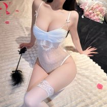 Night Silk Sexy Lace Bodysuit - Sheer Mesh Cut-Out Romper with Open-Crotch Design & Matching Set