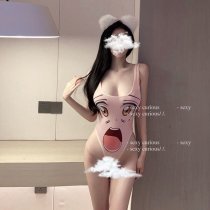 Pink Cartoon Sexy Bodysuit - Playful Anime-Inspired Lingerie with Open-Crotch Design for Bedroom Fun